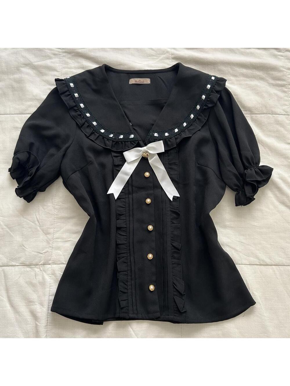 Amavel Black Sailor Blouse White Ribbon Bows Pearl Buttons Small Lolita